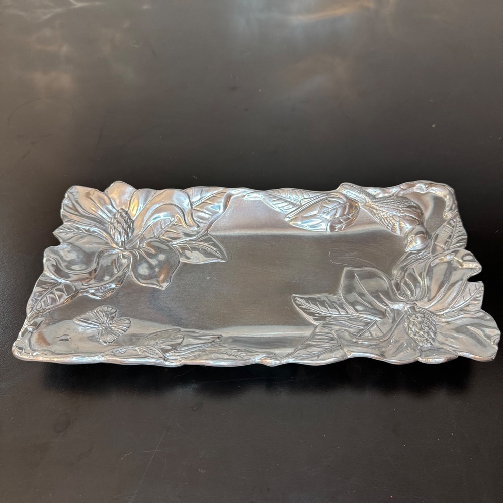 Arthur‎ Court Magnolia Bird Butterfly Tray 9.5x5.5 Silver Aluminum Floral 2000